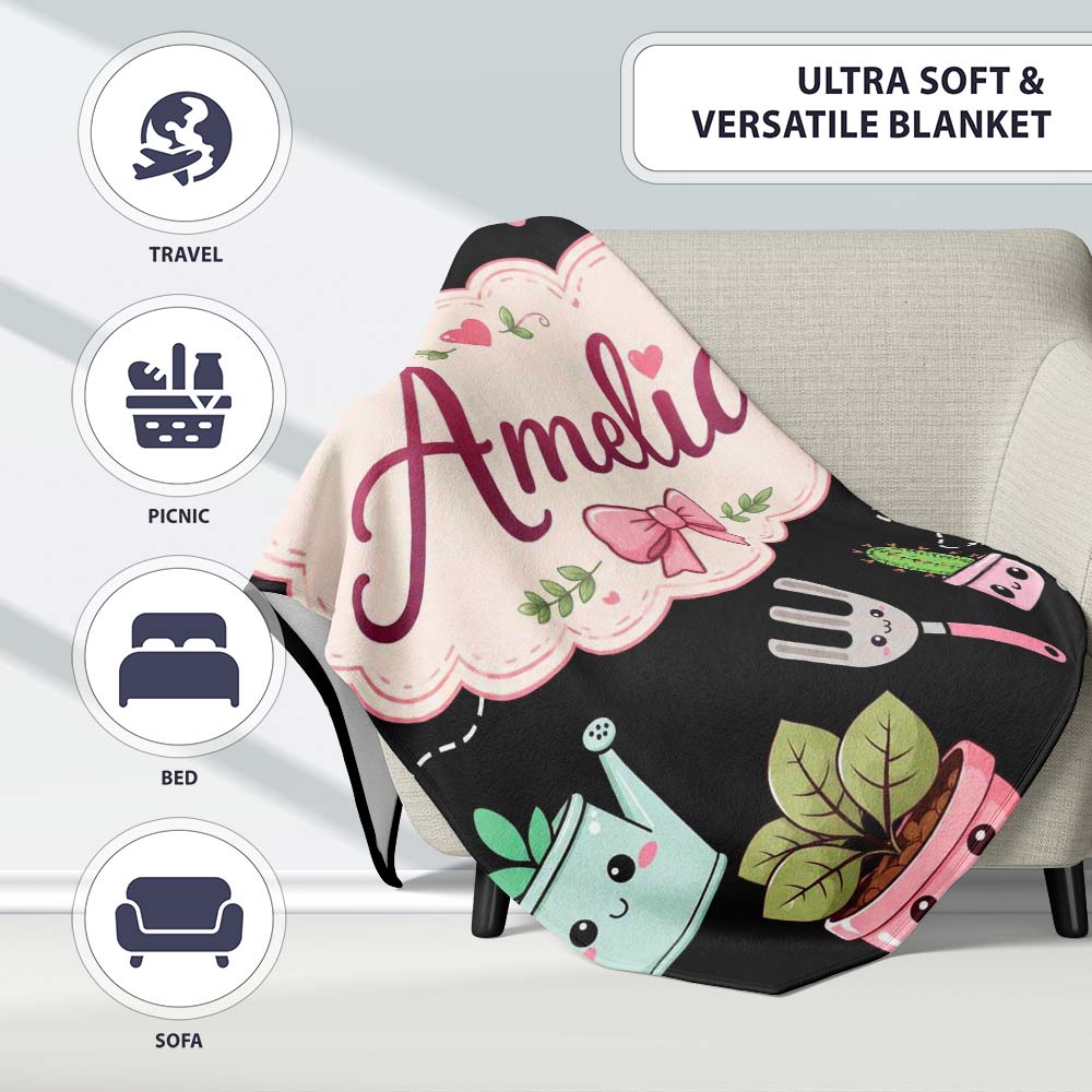 Cute Kawaii Garden Tools Plants Bees Black Seamless Pattern Name Personalised Custom Name Super Soft Fleece Blanket Bed Sofa Throw