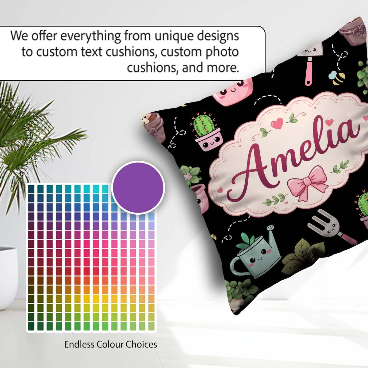 Custom Name Kawaii Garden Tools Bees Black Seamless Pattern Name Square Filled Cushion Throw Pillow Sofa Bed Home Decor Zip Washable UK Made