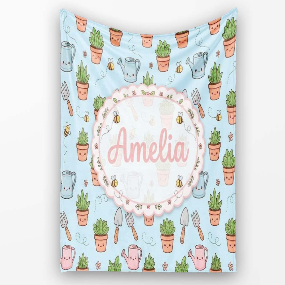 Cute Kawaii Garden Tools Plants Bees Blue Background Seamless Personalised Custom Name Super Soft Fleece Blanket Bed Sofa Throw
