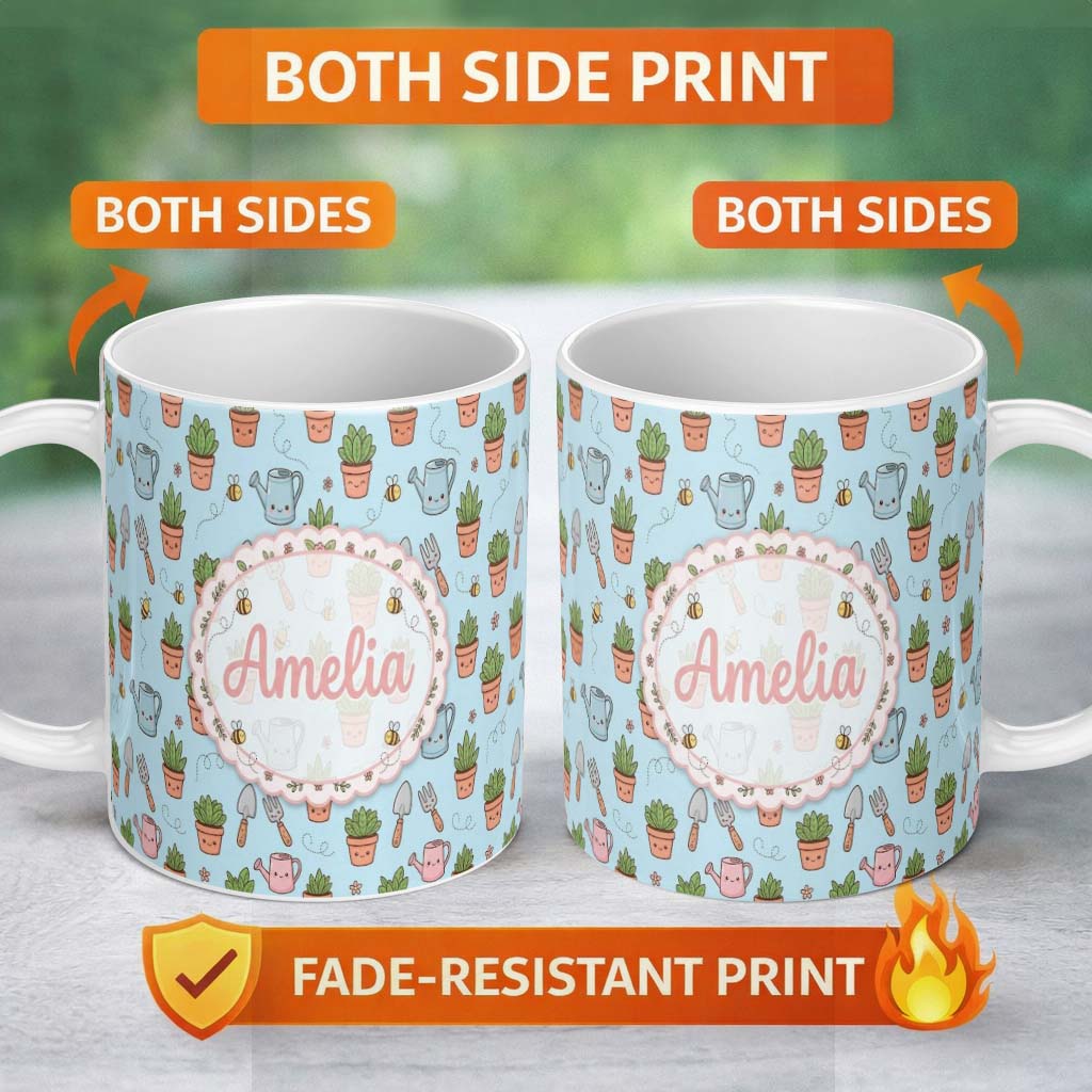 Personalized Custom Name Cute Kawaii Garden Tools Plants Bees Blue Background Seamless 11oz Ceramic Coffee Tea Mug White Large Handle