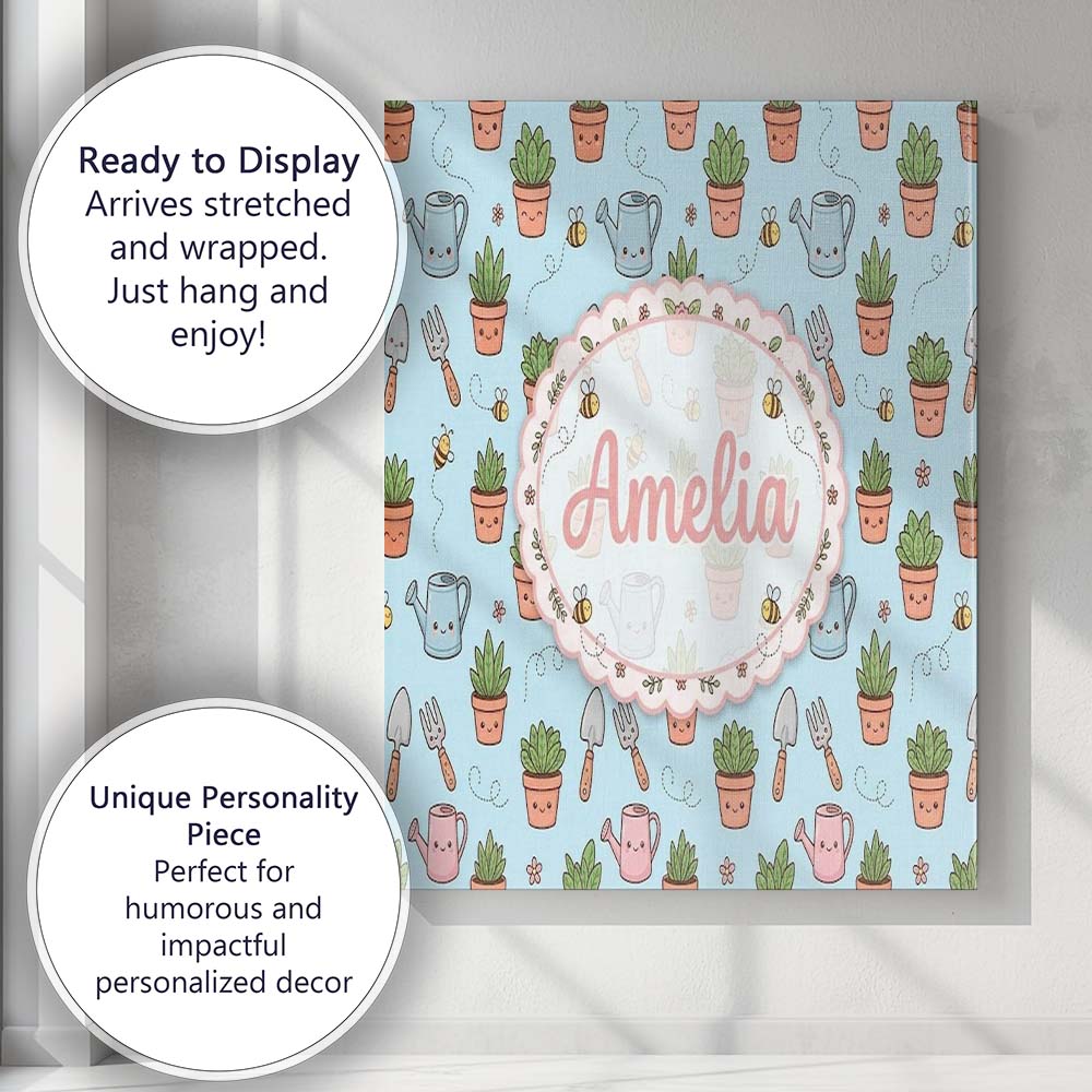 Personalised Name Cute Kawaii Garden Tools Custom Unique Gift Idea Elegant Feature Canvas Wall Art Print Decor Picture Ready to Hang