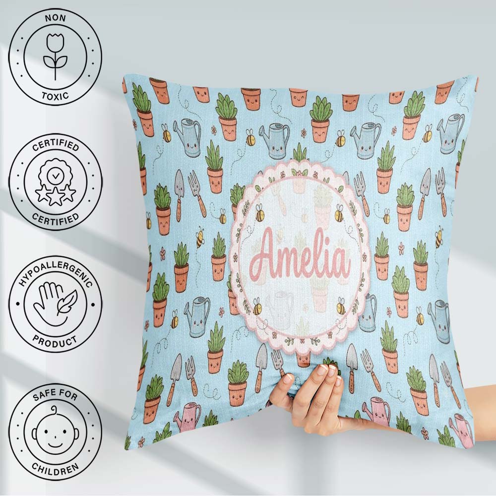 Custom Name Cute Kawaii Garden Tools Plants Bees Blue Background Square Filled Cushion Throw Pillow Sofa Bed Home Decor Zip Washable UK Made