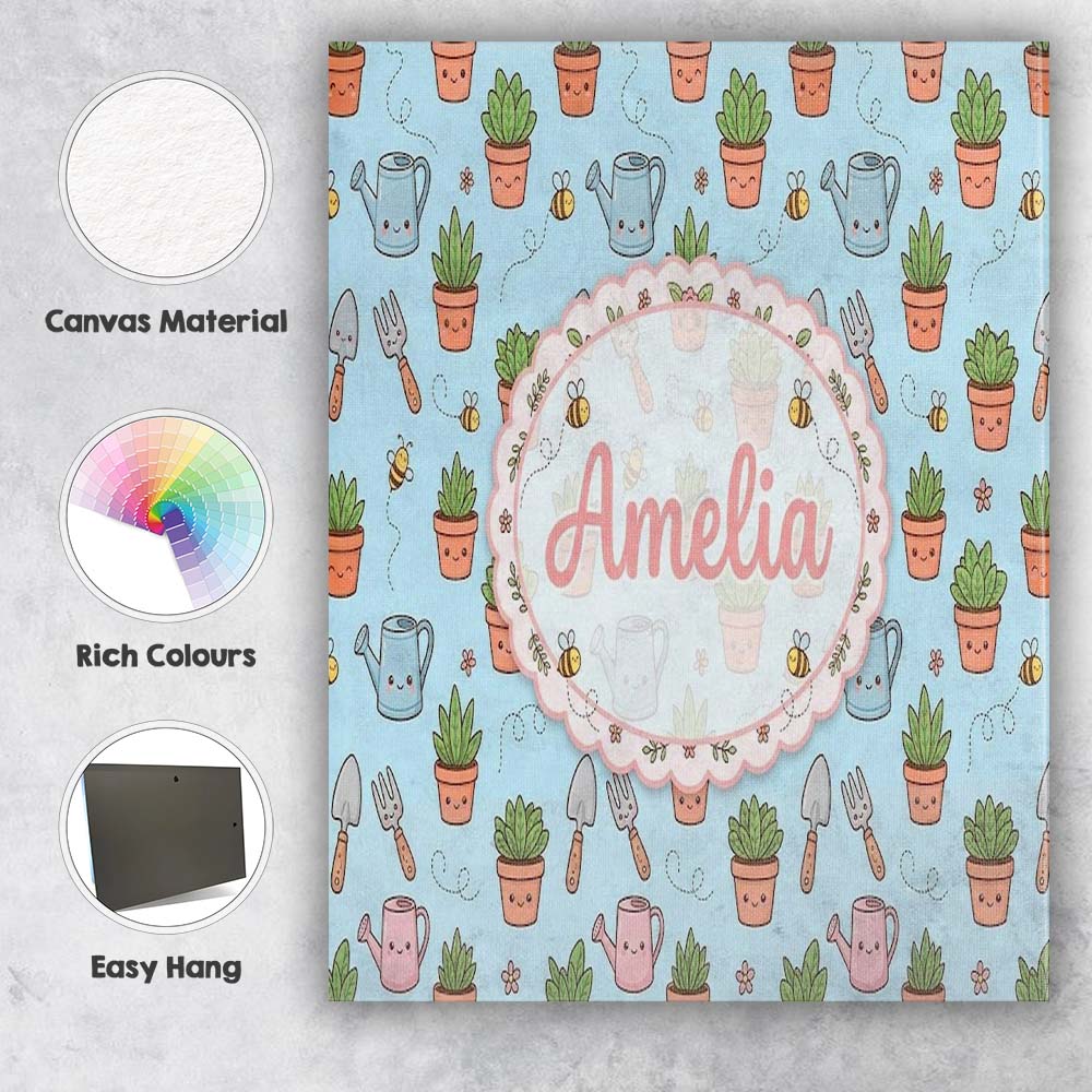 Personalised Name Cute Kawaii Garden Tools Custom Unique Gift Idea Elegant Feature Canvas Wall Art Print Decor Picture Ready to Hang