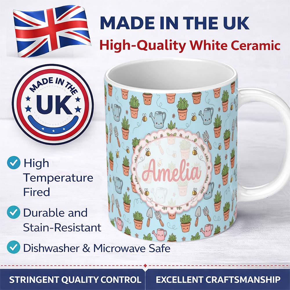 Personalized Custom Name Cute Kawaii Garden Tools Plants Bees Blue Background Seamless 11oz Ceramic Coffee Tea Mug White Large Handle
