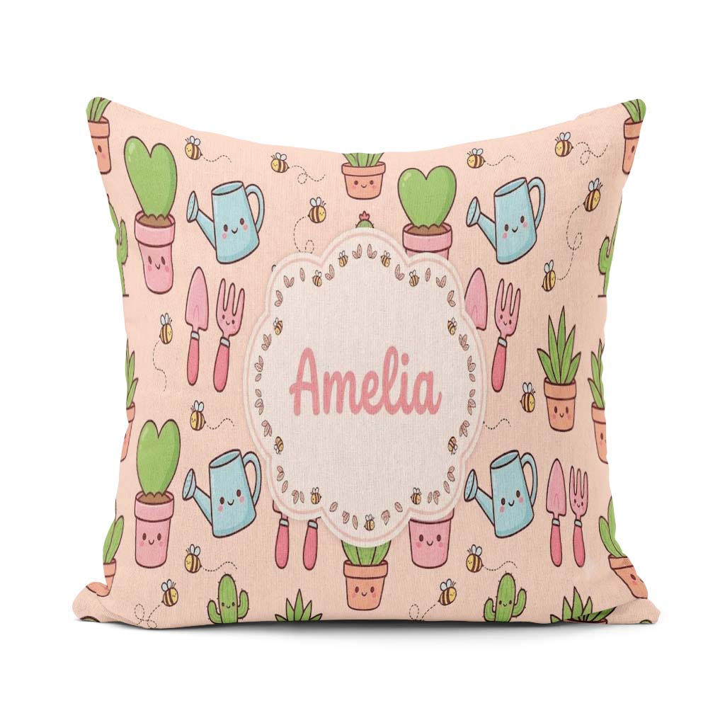 Custom Name Cute Kawaii Garden Tools Plants Bees Peach Seamless Square Filled Cushion Throw Pillow Sofa Bed Home Decor Zip Washable UK Made