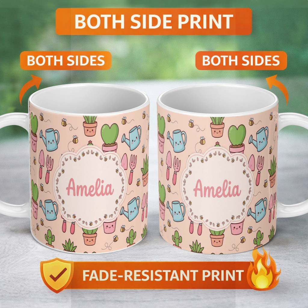 Personalized Custom Name Cute Kawaii Garden Tools Plants Bees Peach Background Seamless 11oz Ceramic Coffee Tea Mug White Large Handle