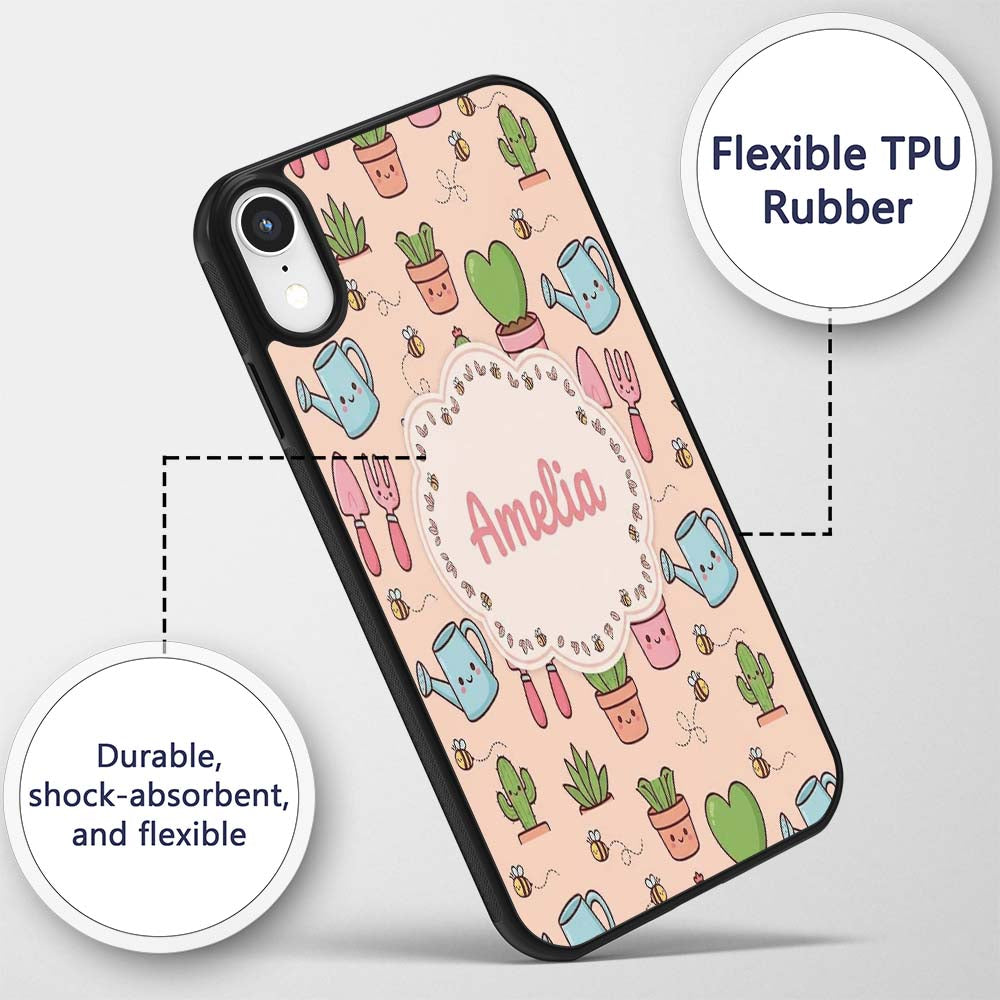 Cute Kawaii Garden Tools Plants Printed Design Custom Name Protective Phone Case Mobile Cover Durable Everyday Smartphone Shock Resistant