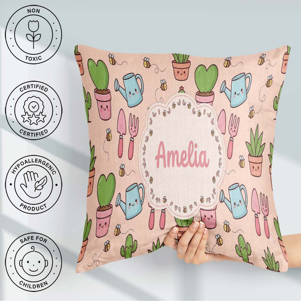 Custom Name Cute Kawaii Garden Tools Plants Bees Peach Seamless Square Filled Cushion Throw Pillow Sofa Bed Home Decor Zip Washable UK Made