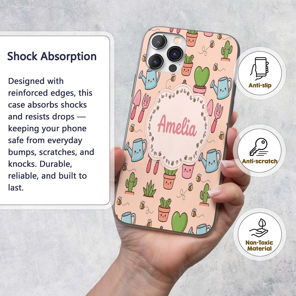 Cute Kawaii Garden Tools Plants Printed Design Custom Name Protective Phone Case Mobile Cover Durable Everyday Smartphone Shock Resistant