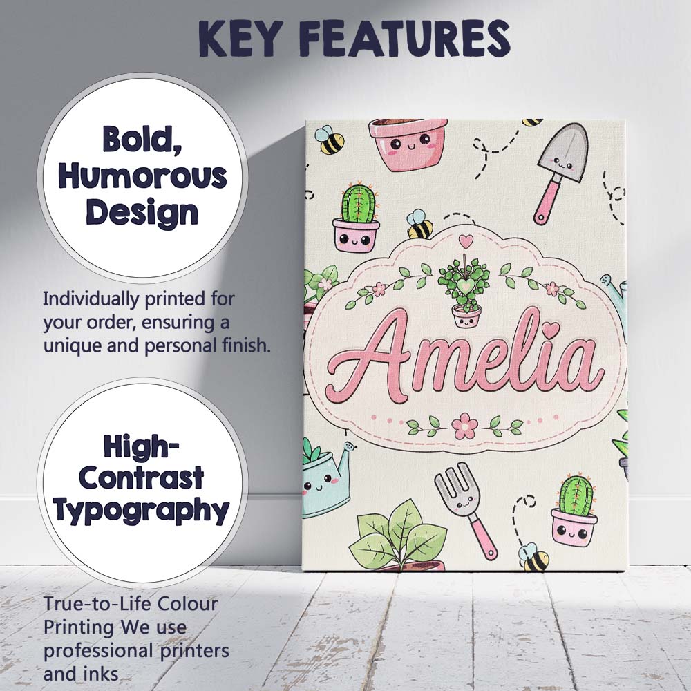 Personalised Name Cute Kawaii Garden Tools Custom Unique Gift Idea Elegant Feature Canvas Wall Art Print Decor Picture Ready to Hang