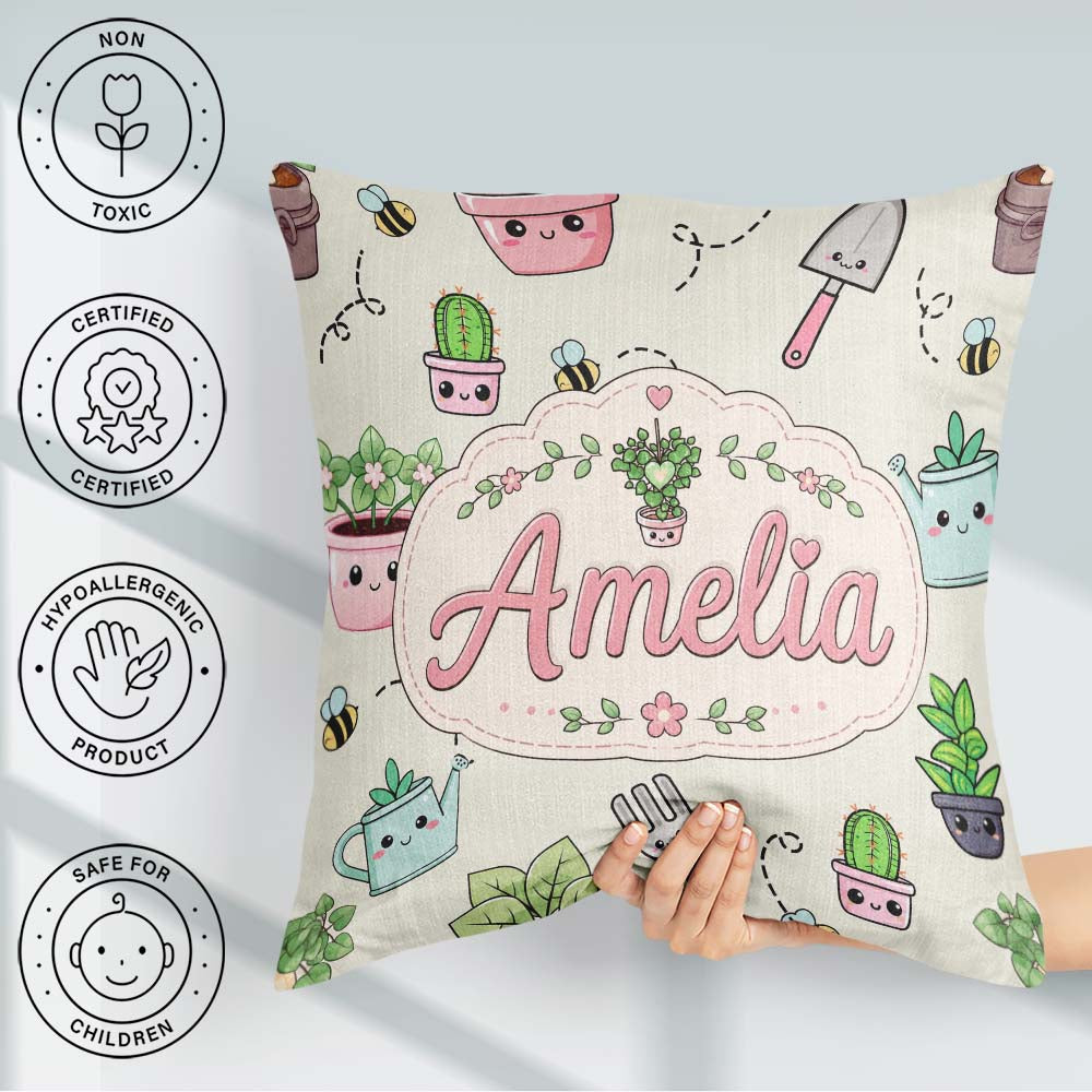 Custom Name Cute Kawaii Garden Tools Plants Bees Cream Seamless Square Filled Cushion Throw Pillow Sofa Bed Home Decor Zip Washable UK Made