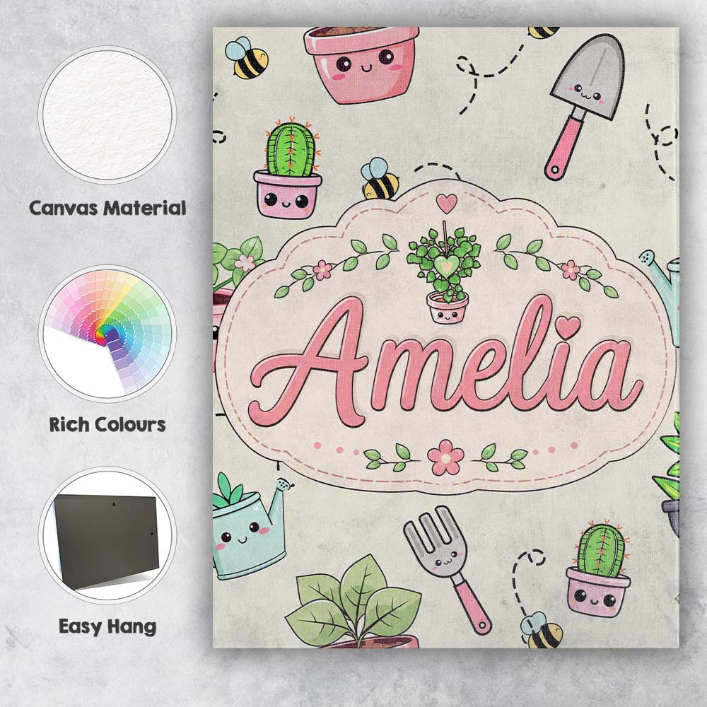 Personalised Name Cute Kawaii Garden Tools Custom Unique Gift Idea Elegant Feature Canvas Wall Art Print Decor Picture Ready to Hang