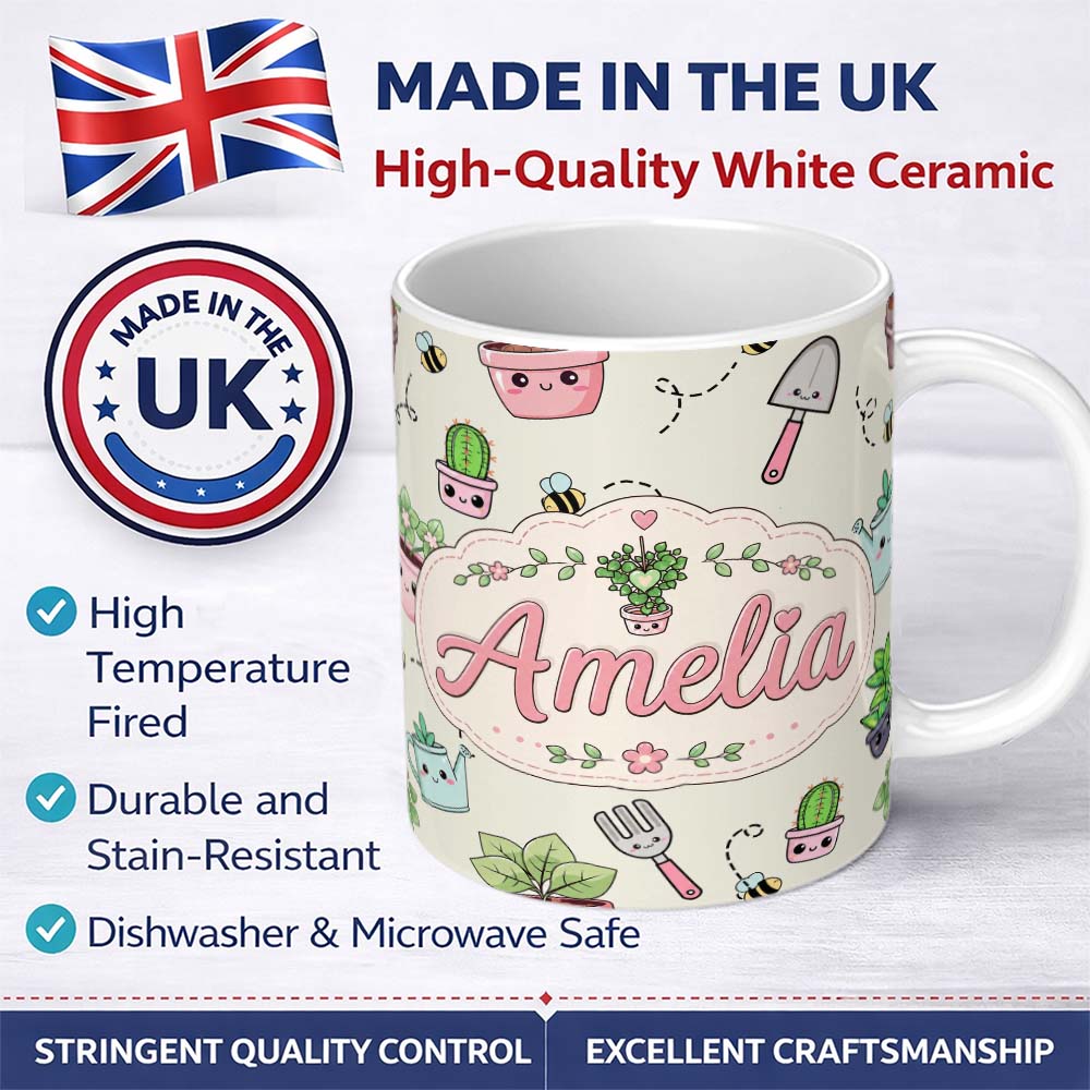 Personalized Custom Name Cute Kawaii Garden Tools Plants Bees Cream Background Seamless 11oz Ceramic Coffee Tea Mug White Large Handle