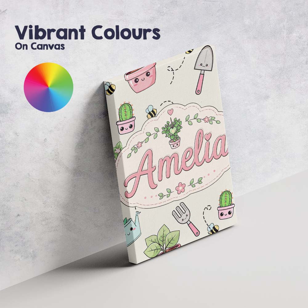 Personalised Name Cute Kawaii Garden Tools Custom Unique Gift Idea Elegant Feature Canvas Wall Art Print Decor Picture Ready to Hang