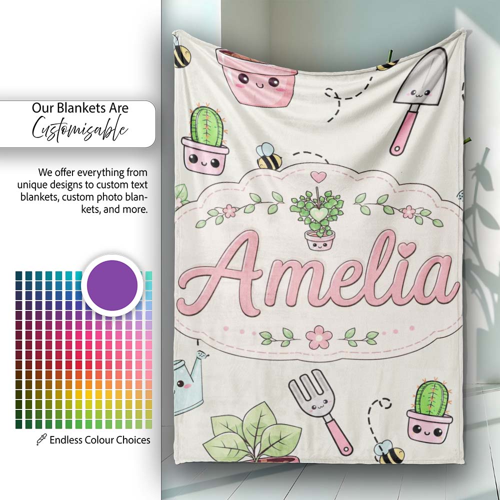 Cute Kawaii Garden Tools Plants Bees Cream Background Seamless Personalised Custom Name Super Soft Fleece Blanket Bed Sofa Throw