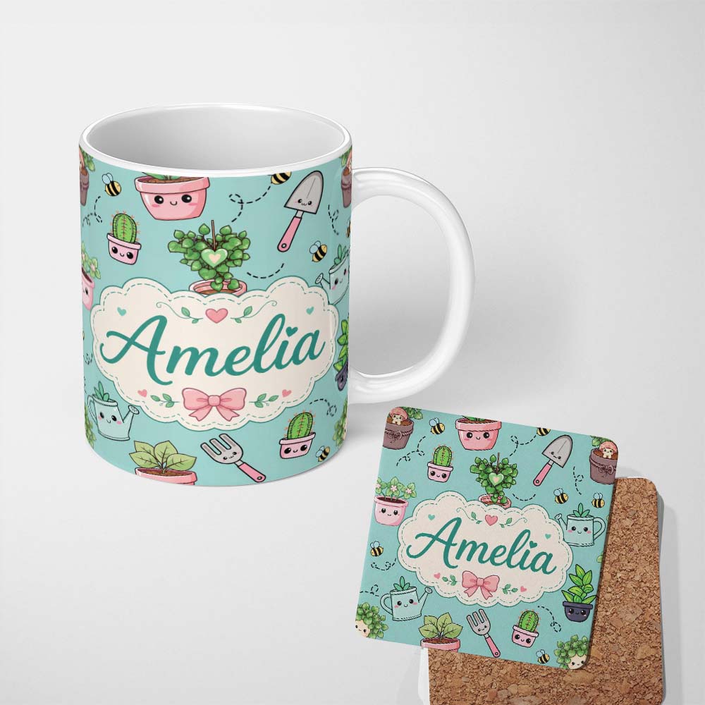 Personalized Custom Name Cute Kawaii Garden Tools Plants Bees Mint Background Seamless 11oz Ceramic Coffee Tea Mug White Large Handle