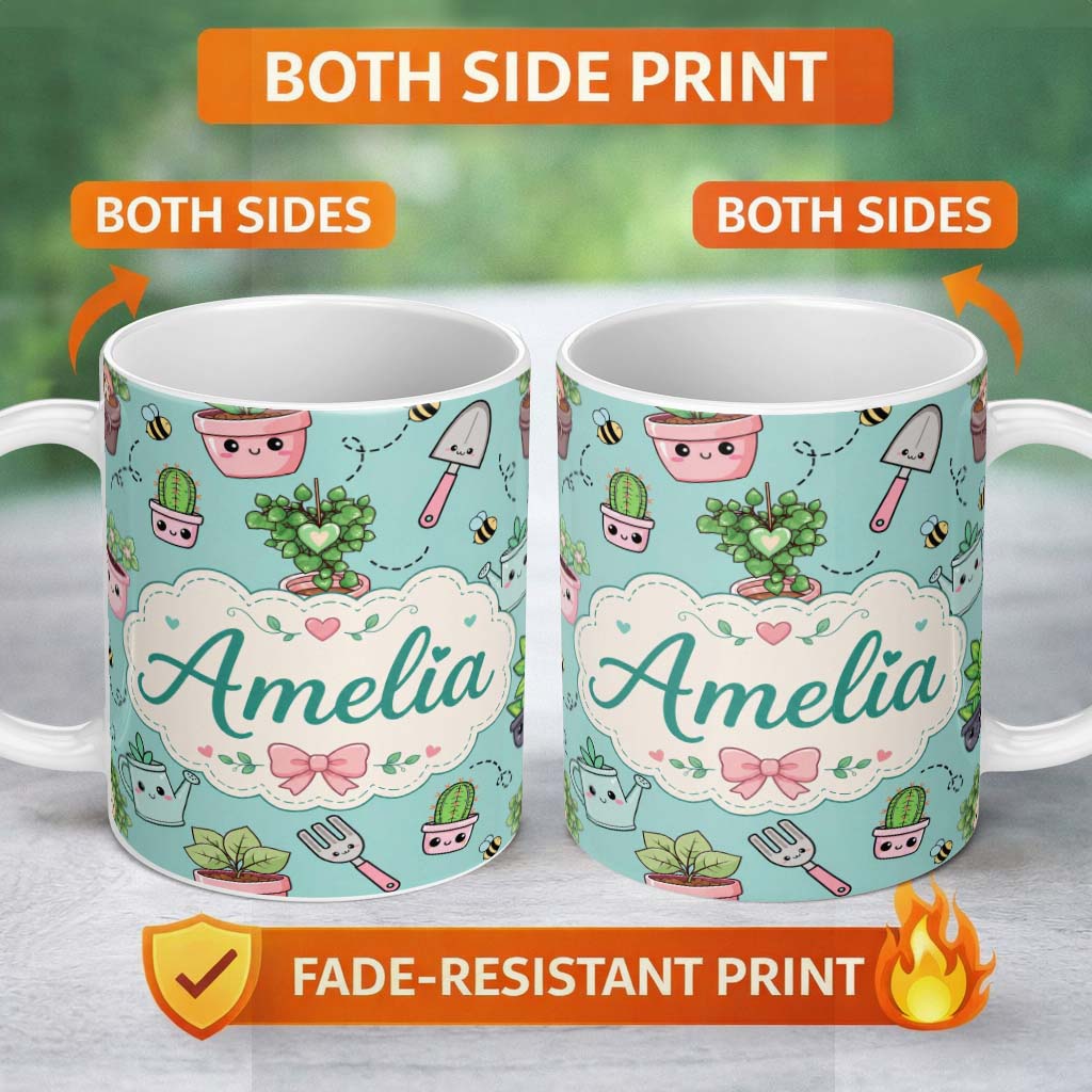 Personalized Custom Name Cute Kawaii Garden Tools Plants Bees Mint Background Seamless 11oz Ceramic Coffee Tea Mug White Large Handle