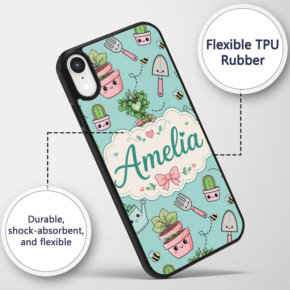 Cute Kawaii Garden Tools Plants Printed Design Custom Name Protective Phone Case Mobile Cover Durable Everyday Smartphone Shock Resistant
