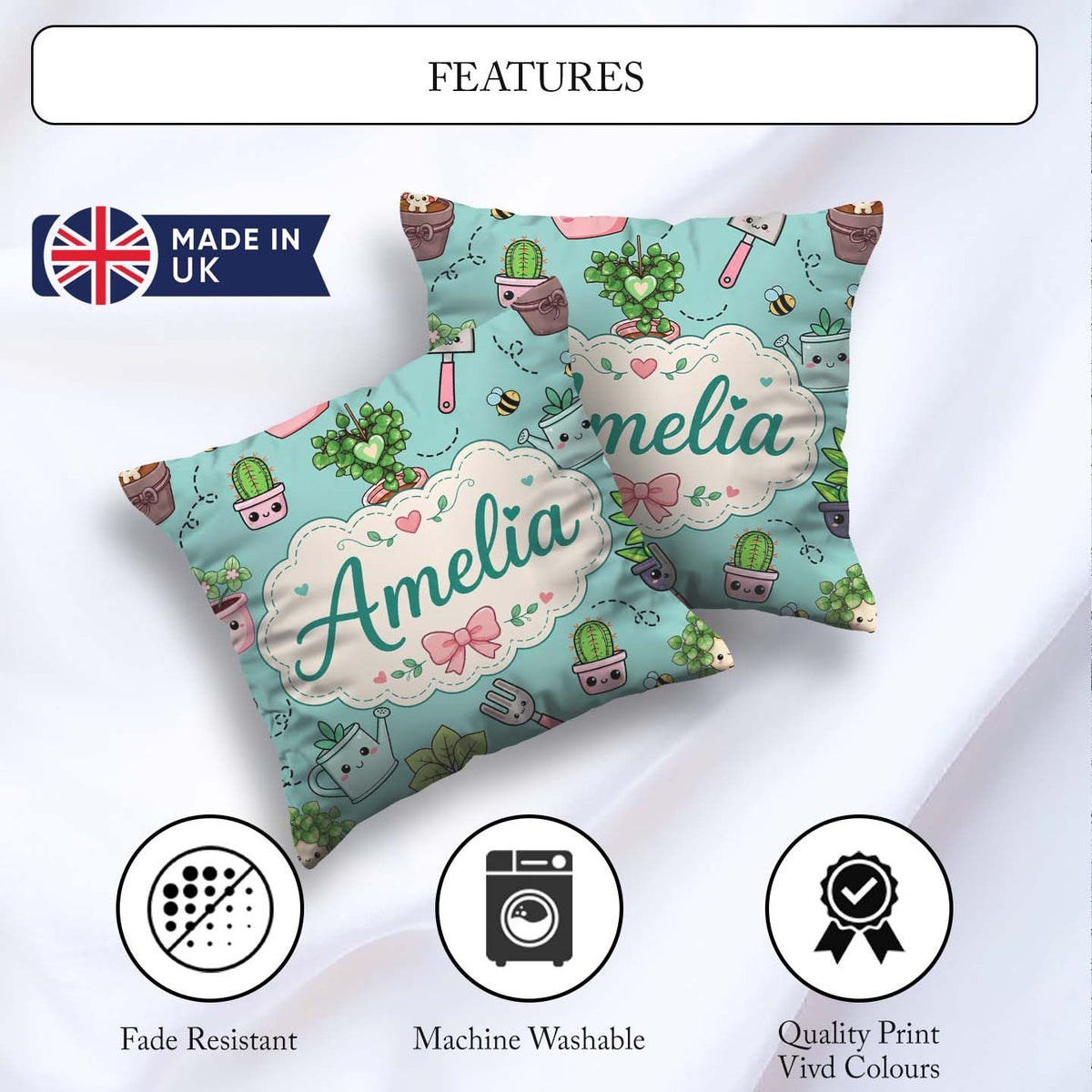 Custom Name Cute Kawaii Garden Tools Plants Bees Mint Background Square Filled Cushion Throw Pillow Sofa Bed Home Decor Zip Washable UK Made