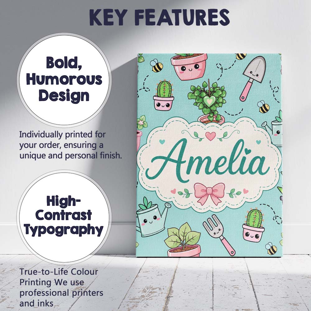 Personalised Name Cute Kawaii Garden Tools Custom Unique Gift Idea Elegant Feature Canvas Wall Art Print Decor Picture Ready to Hang
