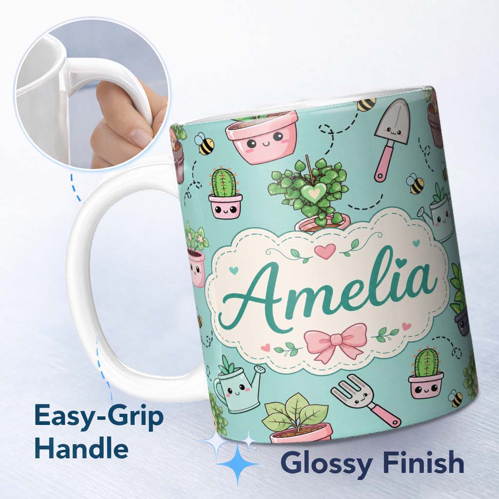 Personalized Custom Name Cute Kawaii Garden Tools Plants Bees Mint Background Seamless 11oz Ceramic Coffee Tea Mug White Large Handle