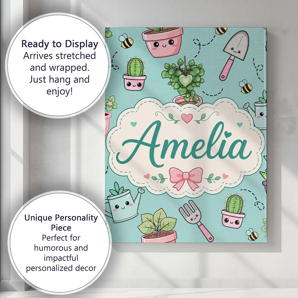 Personalised Name Cute Kawaii Garden Tools Custom Unique Gift Idea Elegant Feature Canvas Wall Art Print Decor Picture Ready to Hang