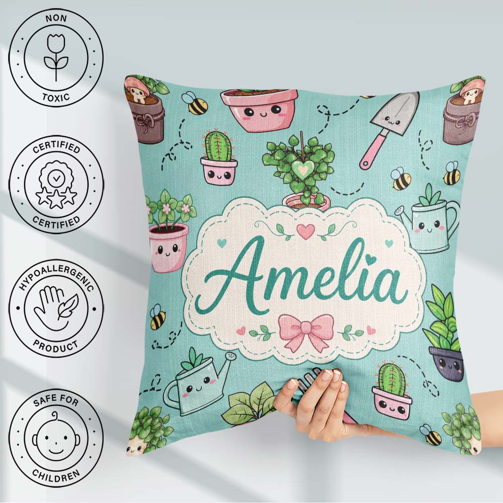 Custom Name Cute Kawaii Garden Tools Plants Bees Mint Background Square Filled Cushion Throw Pillow Sofa Bed Home Decor Zip Washable UK Made