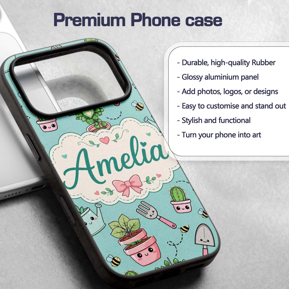 Cute Kawaii Garden Tools Plants Printed Design Custom Name Protective Phone Case Mobile Cover Durable Everyday Smartphone Shock Resistant