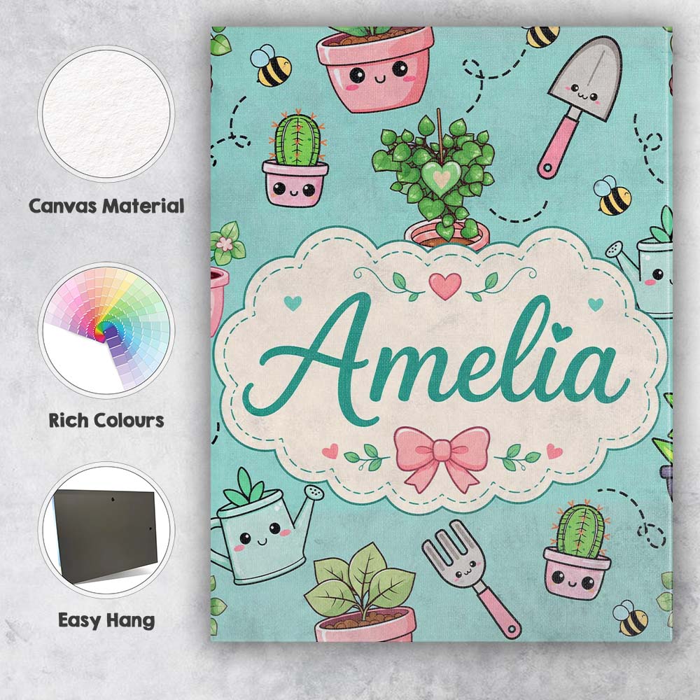 Personalised Name Cute Kawaii Garden Tools Custom Unique Gift Idea Elegant Feature Canvas Wall Art Print Decor Picture Ready to Hang