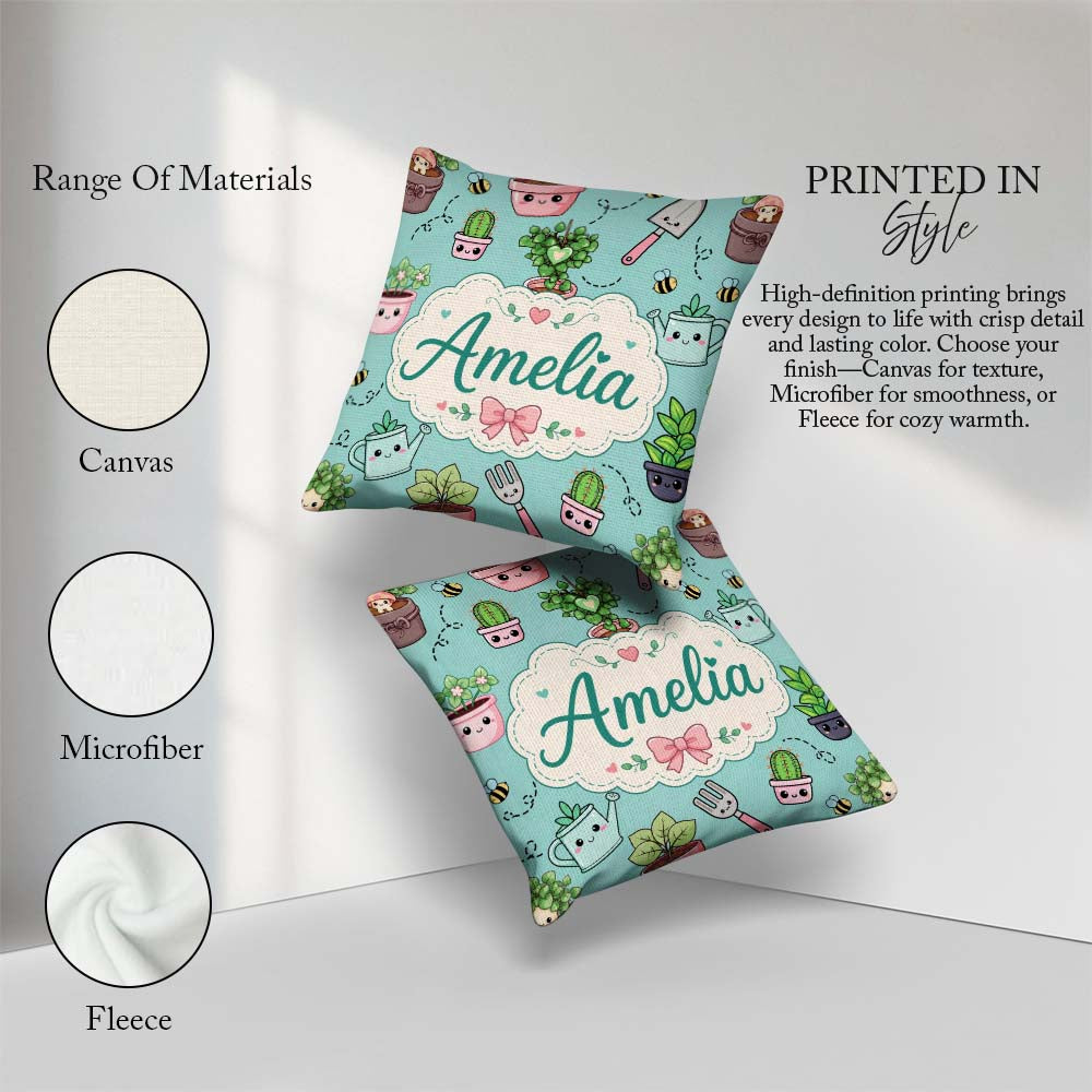 Custom Name Cute Kawaii Garden Tools Plants Bees Mint Background Square Filled Cushion Throw Pillow Sofa Bed Home Decor Zip Washable UK Made
