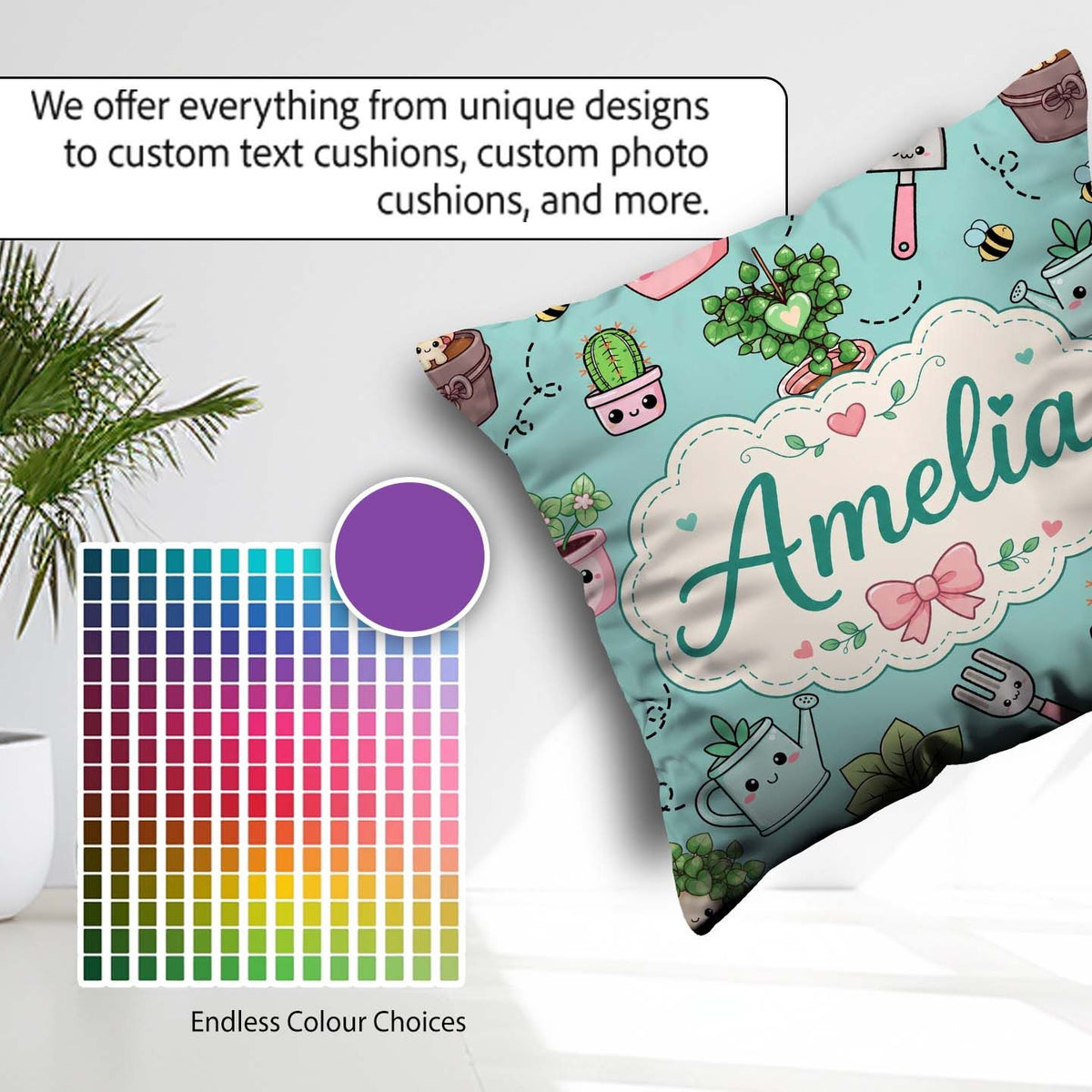 Custom Name Cute Kawaii Garden Tools Plants Bees Mint Background Square Filled Cushion Throw Pillow Sofa Bed Home Decor Zip Washable UK Made