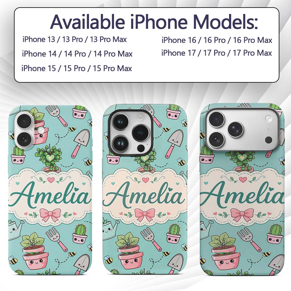 Cute Kawaii Garden Tools Plants Printed Design Custom Name Protective Phone Case Mobile Cover Durable Everyday Smartphone Shock Resistant