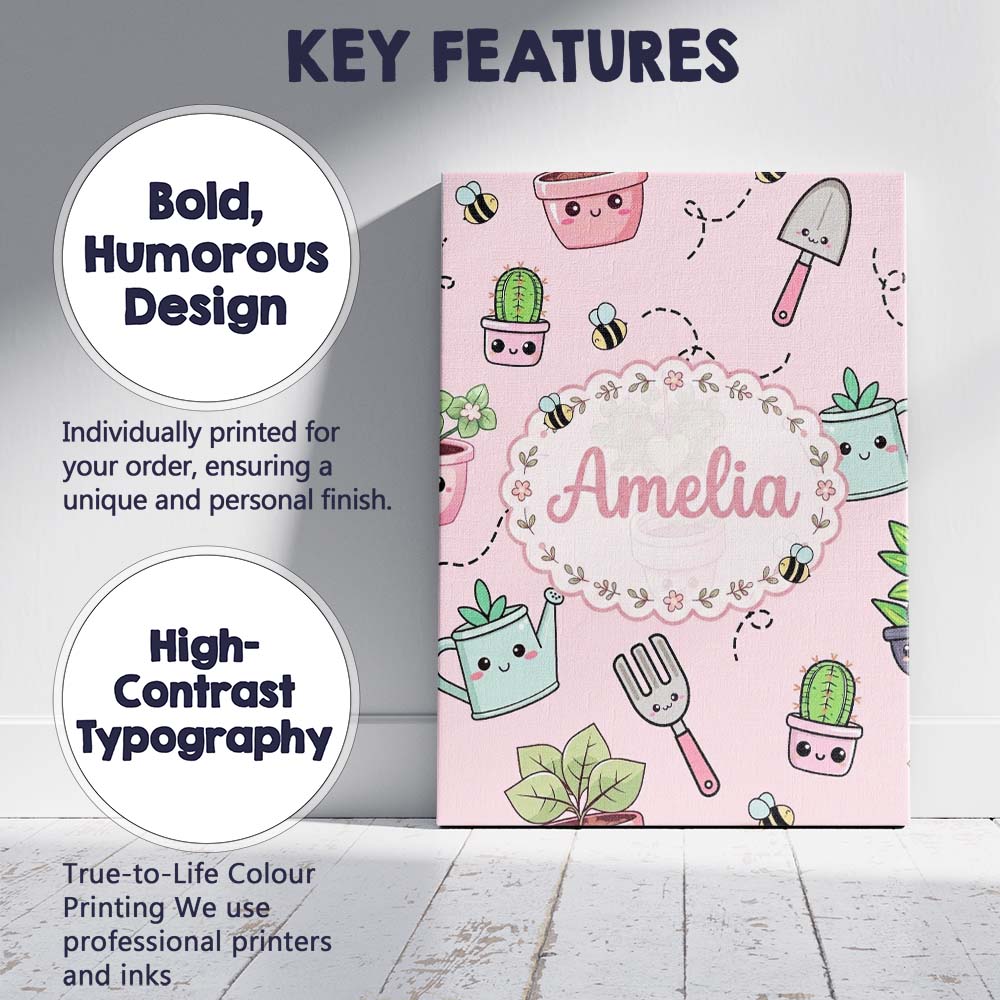 Personalised Name Cute Kawaii Garden Tools Custom Unique Gift Idea Elegant Feature Canvas Wall Art Print Decor Picture Ready to Hang