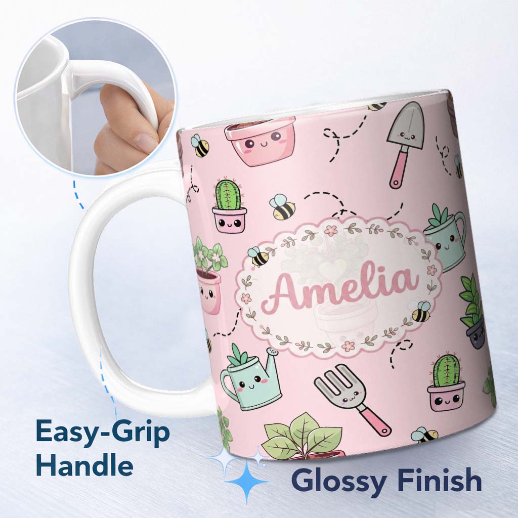 Personalized Custom Name Cute Kawaii Garden Tools Plants Bees Blush Pink Background Seamless 11oz Ceramic Coffee Tea Mug White Large Handle