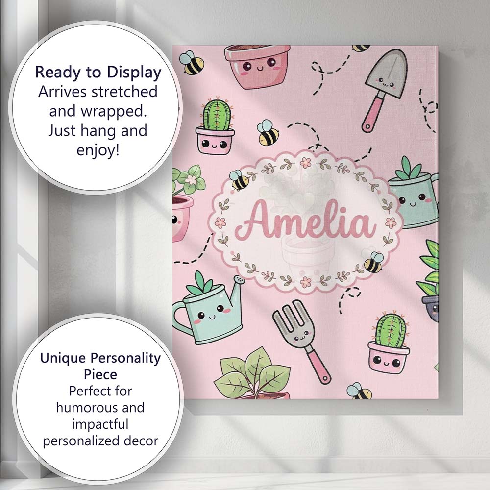 Personalised Name Cute Kawaii Garden Tools Custom Unique Gift Idea Elegant Feature Canvas Wall Art Print Decor Picture Ready to Hang