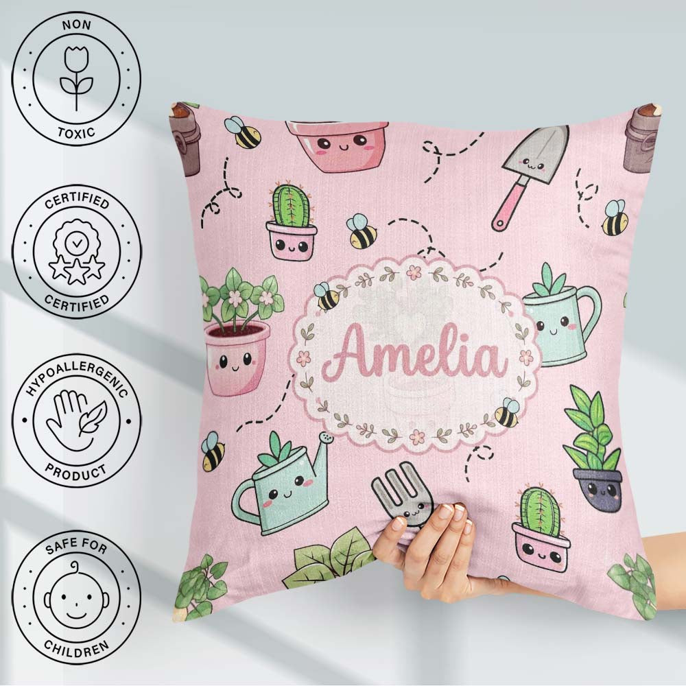 Custom Name Kawaii Garden Tools Plants Bees Blush Pink Seamless Square Filled Cushion Throw Pillow Sofa Bed Home Decor Zip Washable UK Made