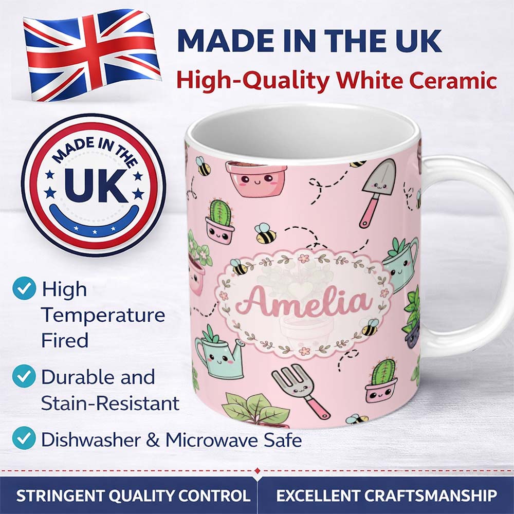 Personalized Custom Name Cute Kawaii Garden Tools Plants Bees Blush Pink Background Seamless 11oz Ceramic Coffee Tea Mug White Large Handle