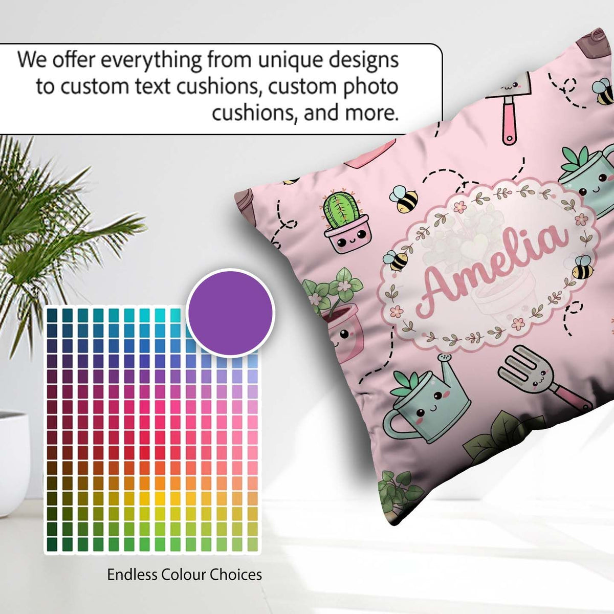 Custom Name Kawaii Garden Tools Plants Bees Blush Pink Seamless Square Filled Cushion Throw Pillow Sofa Bed Home Decor Zip Washable UK Made