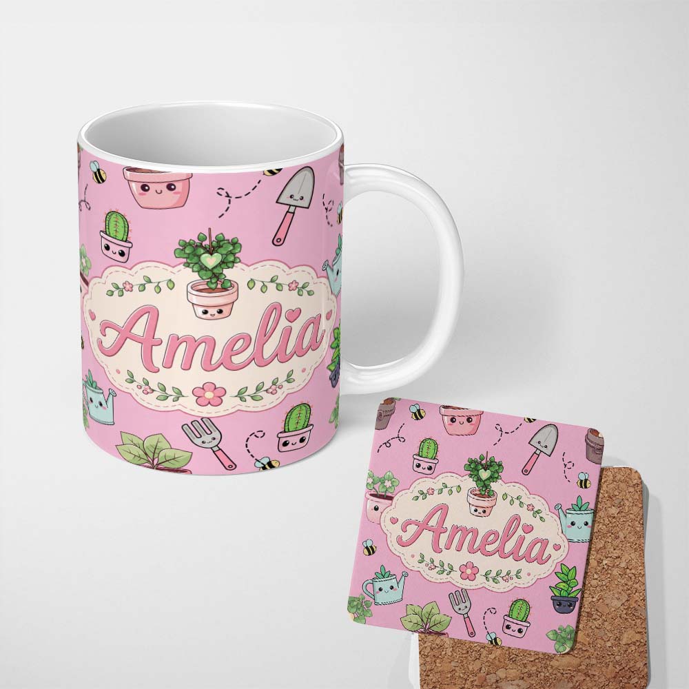 Personalized Custom Name Cute Kawaii Garden Tools Plants Bees Soft Pink Background Seamless 11oz Ceramic Coffee Tea Mug White Large Handle