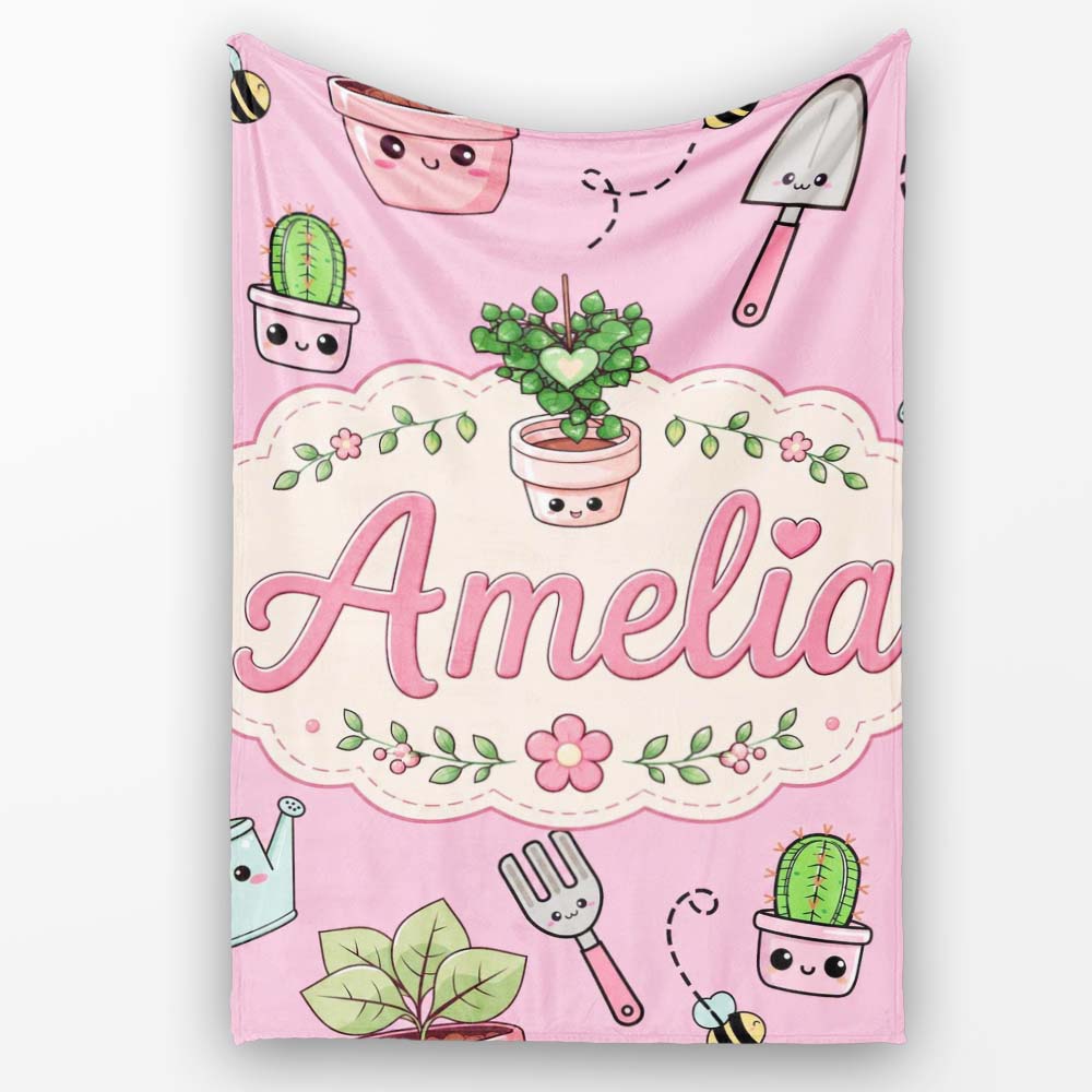 Cute Kawaii Garden Tools Plants Bees Soft Pink Background Seamless Personalised Custom Name Super Soft Fleece Blanket Bed Sofa Throw