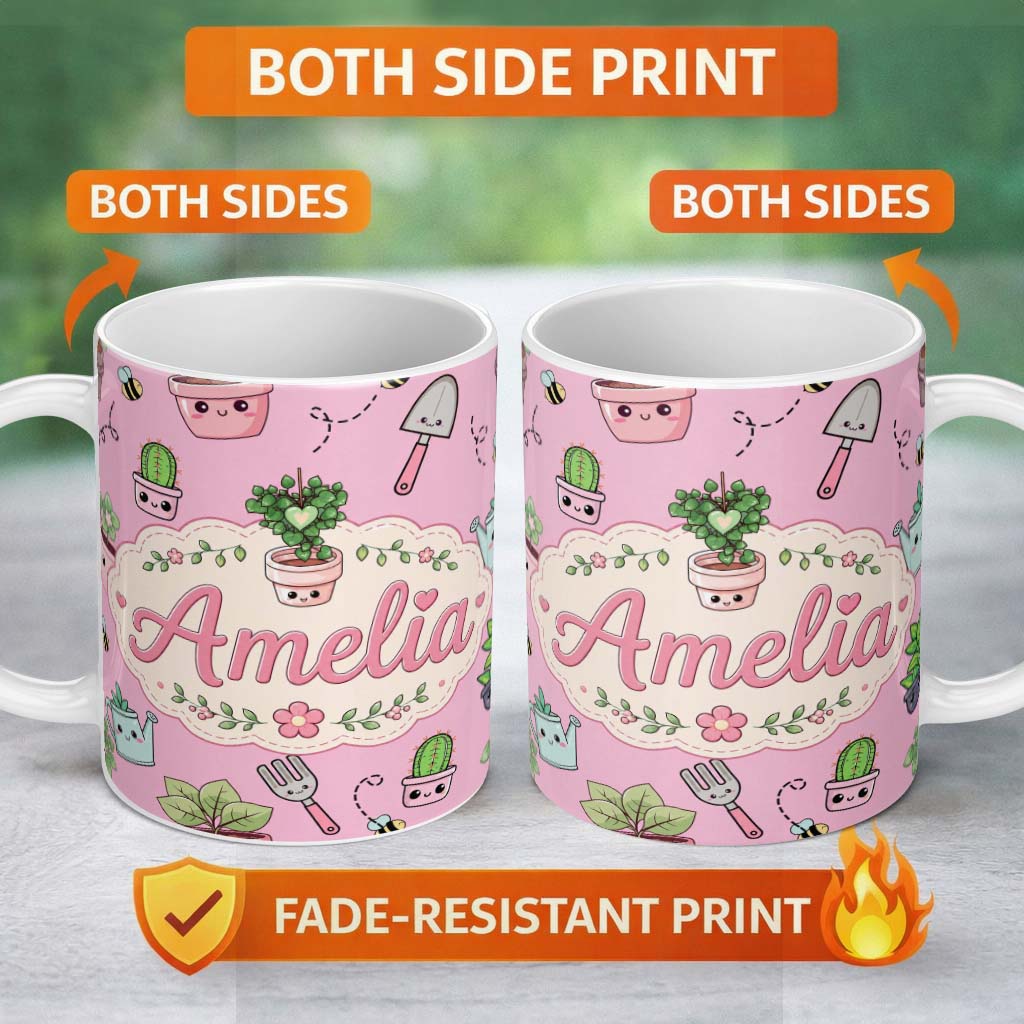 Personalized Custom Name Cute Kawaii Garden Tools Plants Bees Soft Pink Background Seamless 11oz Ceramic Coffee Tea Mug White Large Handle