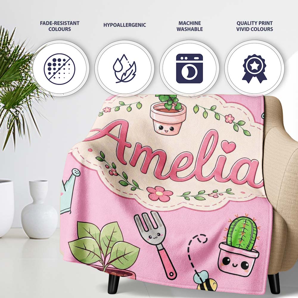 Cute Kawaii Garden Tools Plants Bees Soft Pink Background Seamless Personalised Custom Name Super Soft Fleece Blanket Bed Sofa Throw