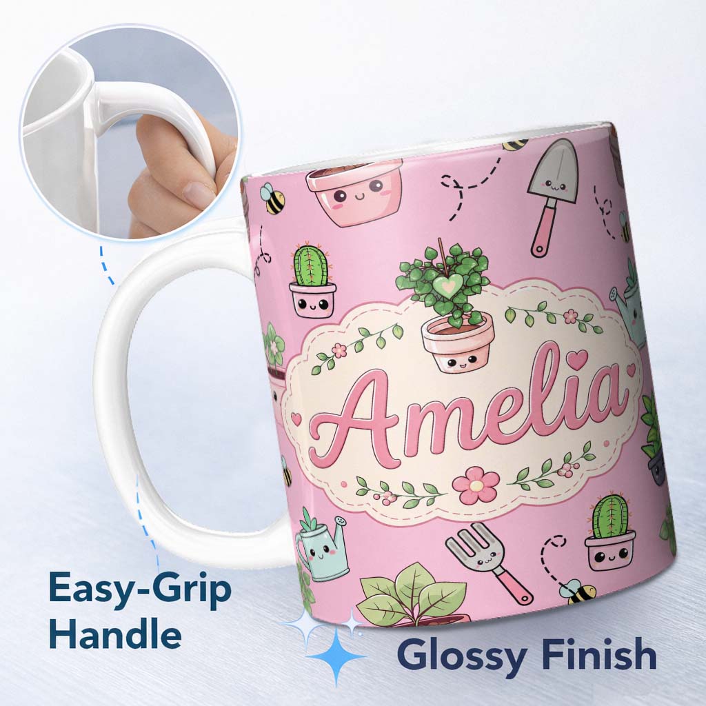 Personalized Custom Name Cute Kawaii Garden Tools Plants Bees Soft Pink Background Seamless 11oz Ceramic Coffee Tea Mug White Large Handle