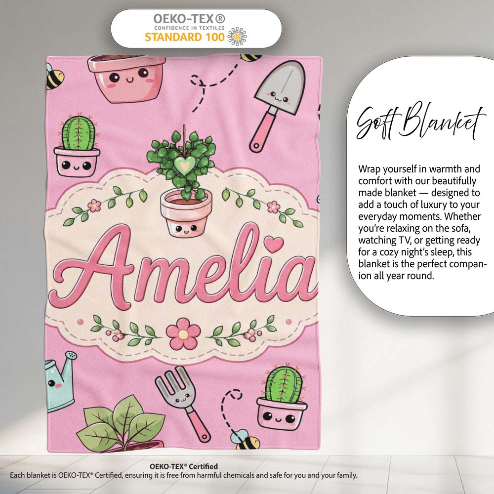 Cute Kawaii Garden Tools Plants Bees Soft Pink Background Seamless Personalised Custom Name Super Soft Fleece Blanket Bed Sofa Throw