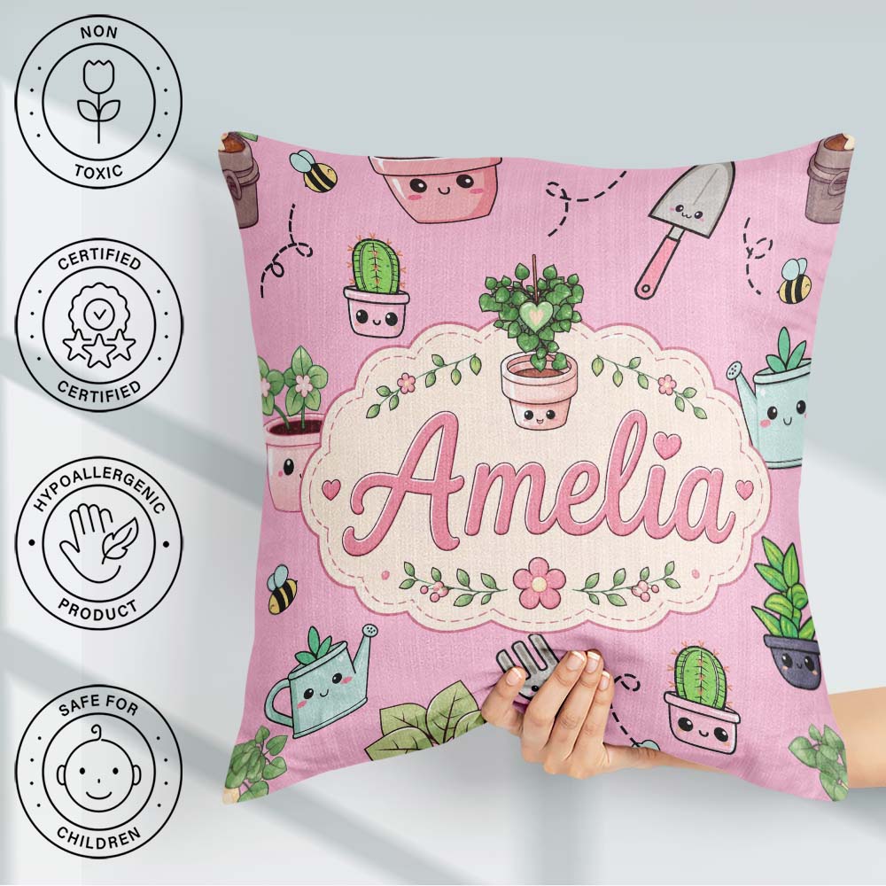 Custom Name Kawaii Garden Tools Plants Bees Soft Pink Background Square Filled Cushion Throw Pillow Sofa Bed Home Decor Zip Washable UK Made