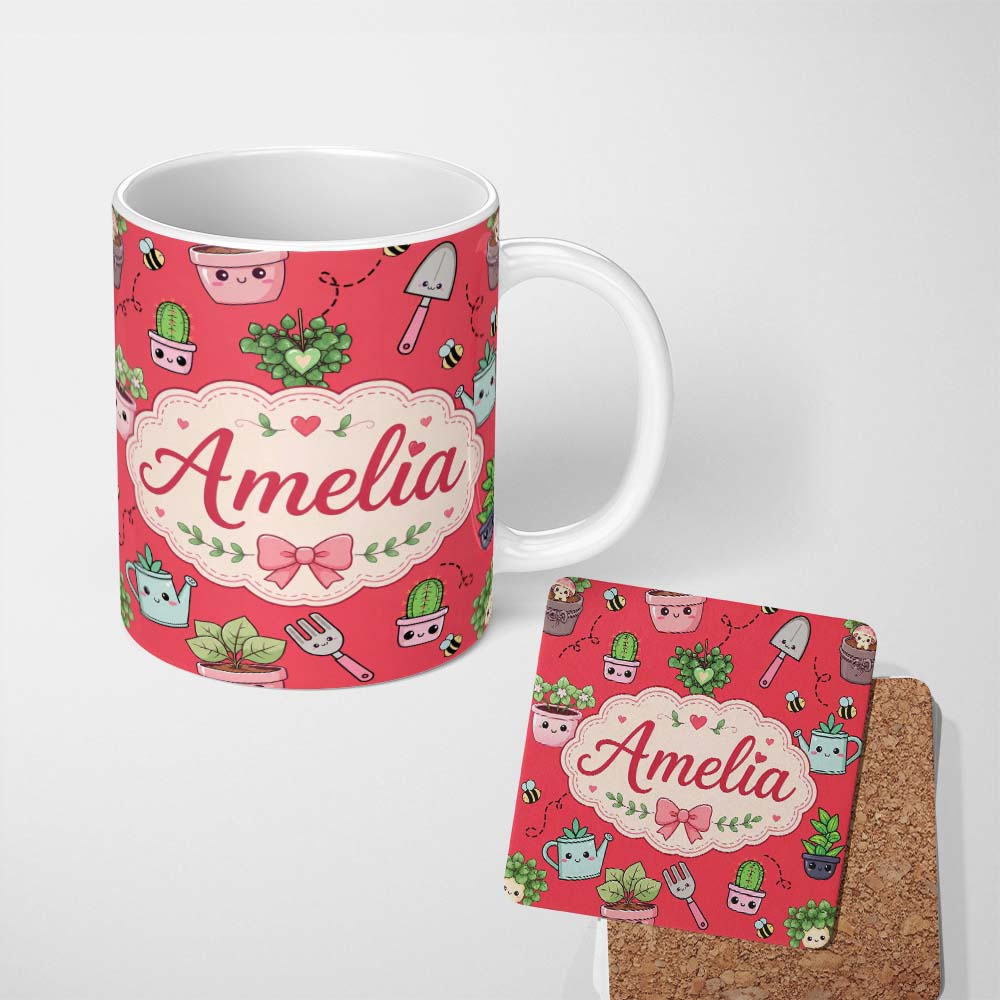 Personalized Custom Name Cute Kawaii Garden Tools Plants Bees Red Background Seamless 11oz Ceramic Coffee Tea Mug White Large Handle