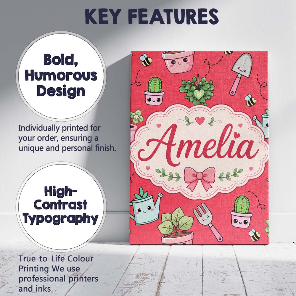 Personalised Name Cute Kawaii Garden Tools Custom Unique Gift Idea Elegant Feature Canvas Wall Art Print Decor Picture Ready to Hang