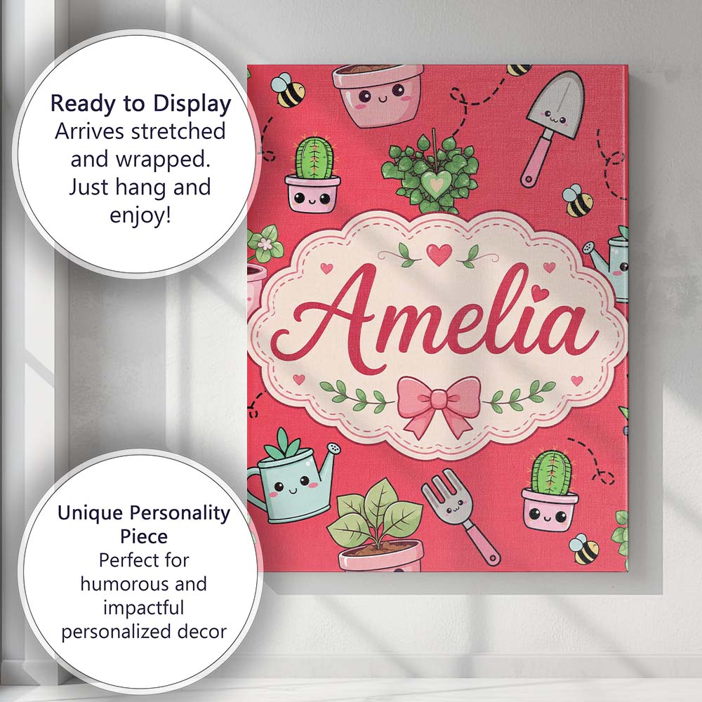 Personalised Name Cute Kawaii Garden Tools Custom Unique Gift Idea Elegant Feature Canvas Wall Art Print Decor Picture Ready to Hang