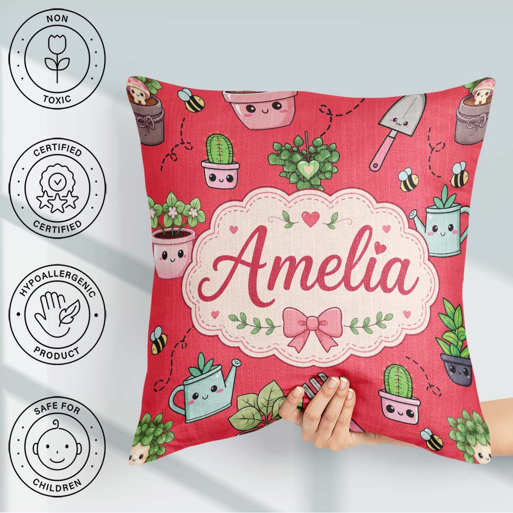 Custom Name Cute Kawaii Garden Tools Plants Bees Red Background Square Filled Cushion Throw Pillow Sofa Bed Home Decor Zip Washable UK Made