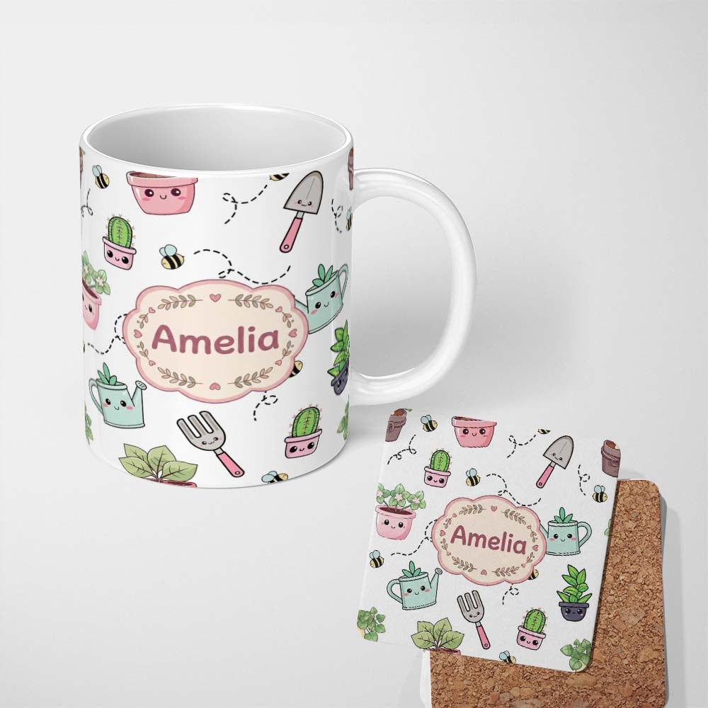 Personalized Custom Name Cute Kawaii Garden Tools Plants Bees Grey Background Seamless 11oz Ceramic Coffee Tea Mug White Large Handle